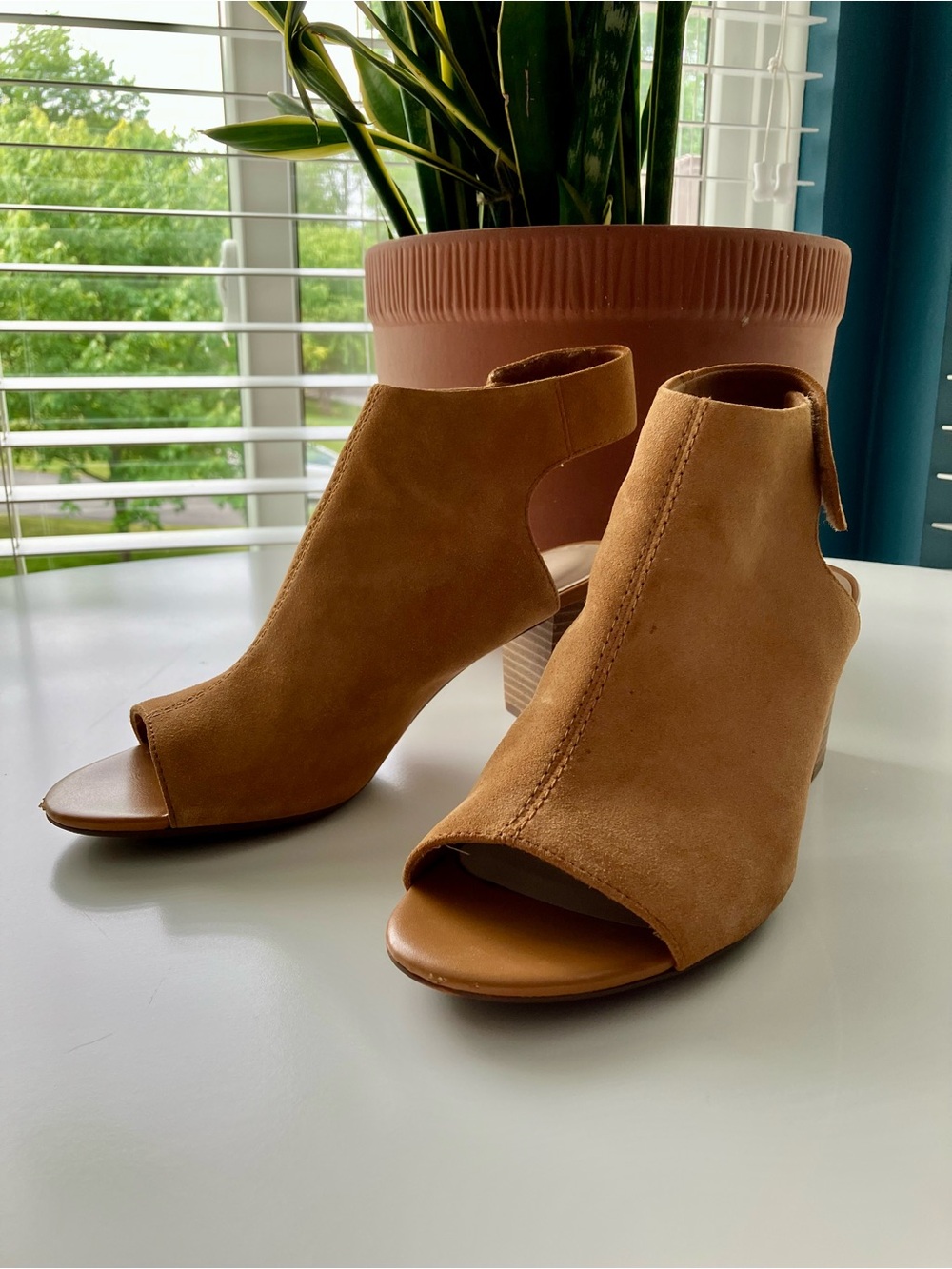 Clarks Tan Suede Open-Toe Mule Booties